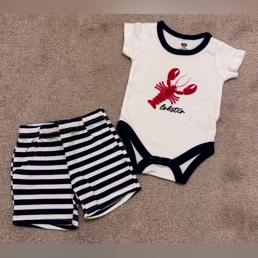 Lobster Print Onesie and Striped Shorts Set - 0-3M